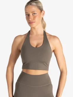 Allure Halter Built-in Bra Crop Top Taupe