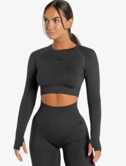 Core Seamless Long Sleeve Crop Top Black Marl