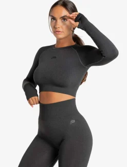 Core Seamless Long Sleeve Crop Top Black Marl